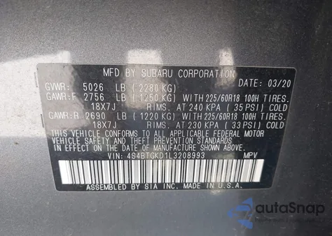 2020 Subaru Outback Onyx Edition Xt z USA, uszkodzony, nr VIN 4S4BTGKD1L3208993